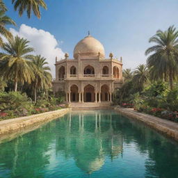 A breathtaking depiction of paradise (Jannat) with lush green gardens, flowing rivers of crystal clear water, radiant skies and beautiful architecture.