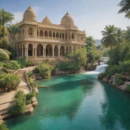 A breathtaking depiction of paradise (Jannat) with lush green gardens, flowing rivers of crystal clear water, radiant skies and beautiful architecture.