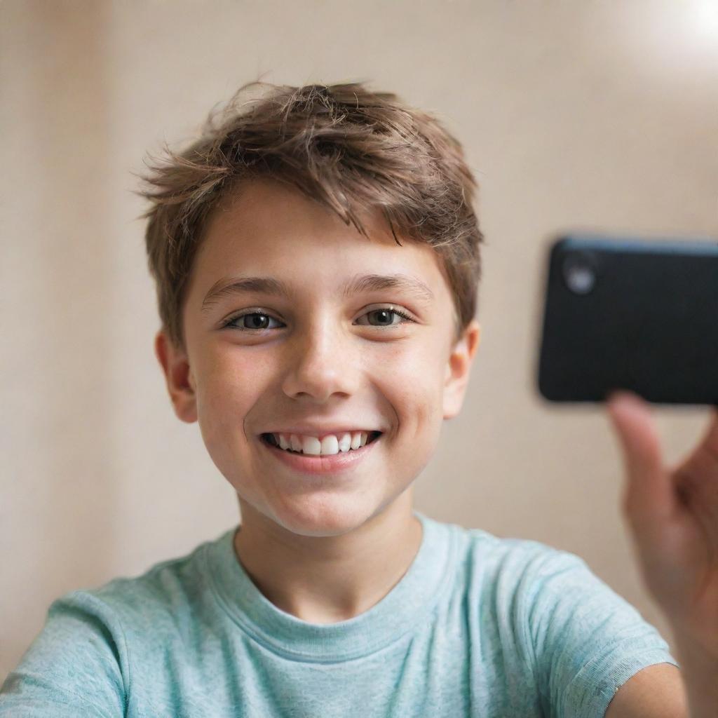 A jovial young boy taking a selfie, he is smiling and the background is brightly lit with soft-focus