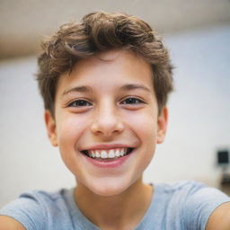 A jovial young boy taking a selfie, he is smiling and the background is brightly lit with soft-focus