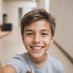 A jovial young boy taking a selfie, he is smiling and the background is brightly lit with soft-focus