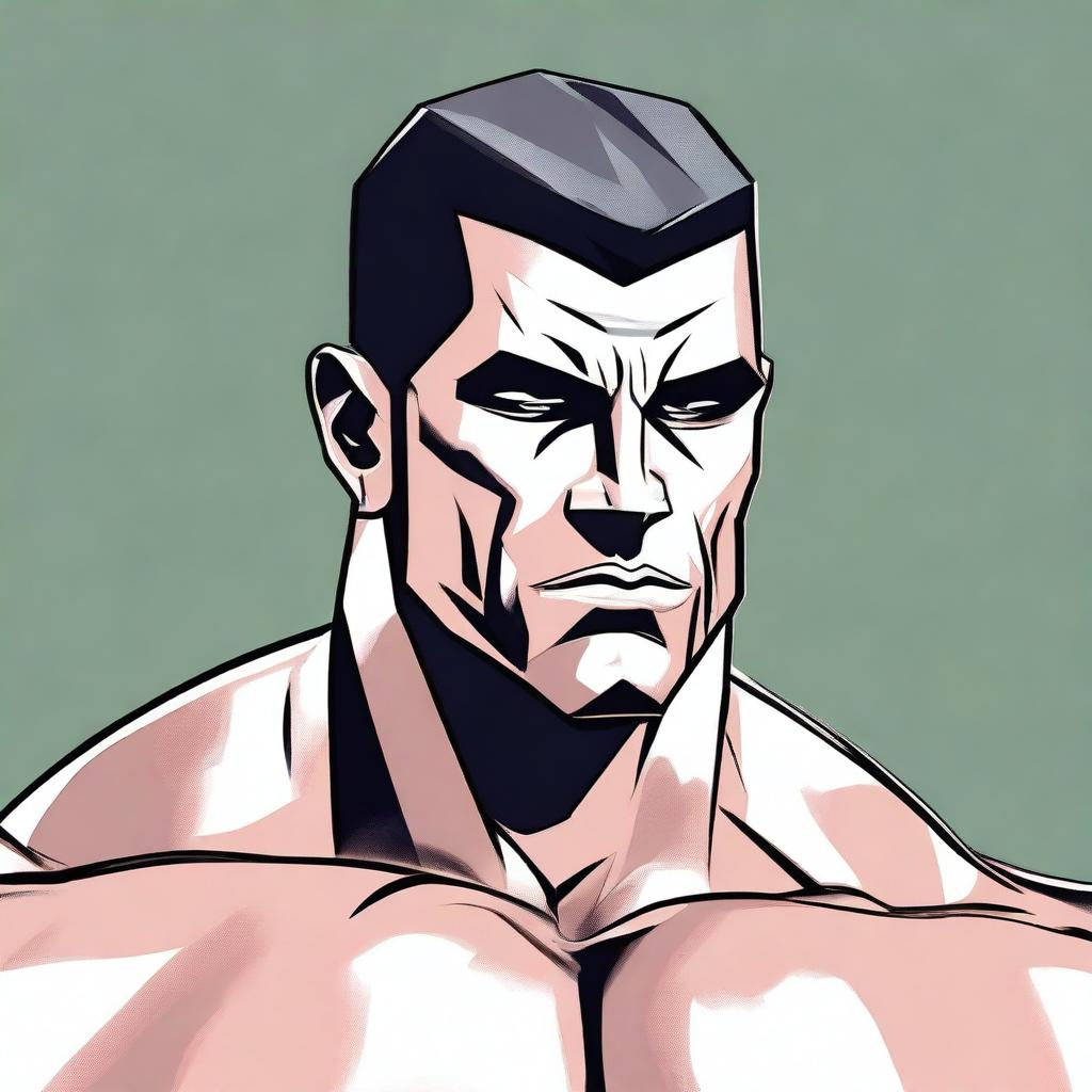 This is a high-quality digital art image featuring a moderately muscular man who is both sad and focused