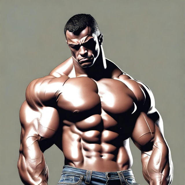 This is a high-quality digital art image featuring a moderately muscular man who is both sad and focused