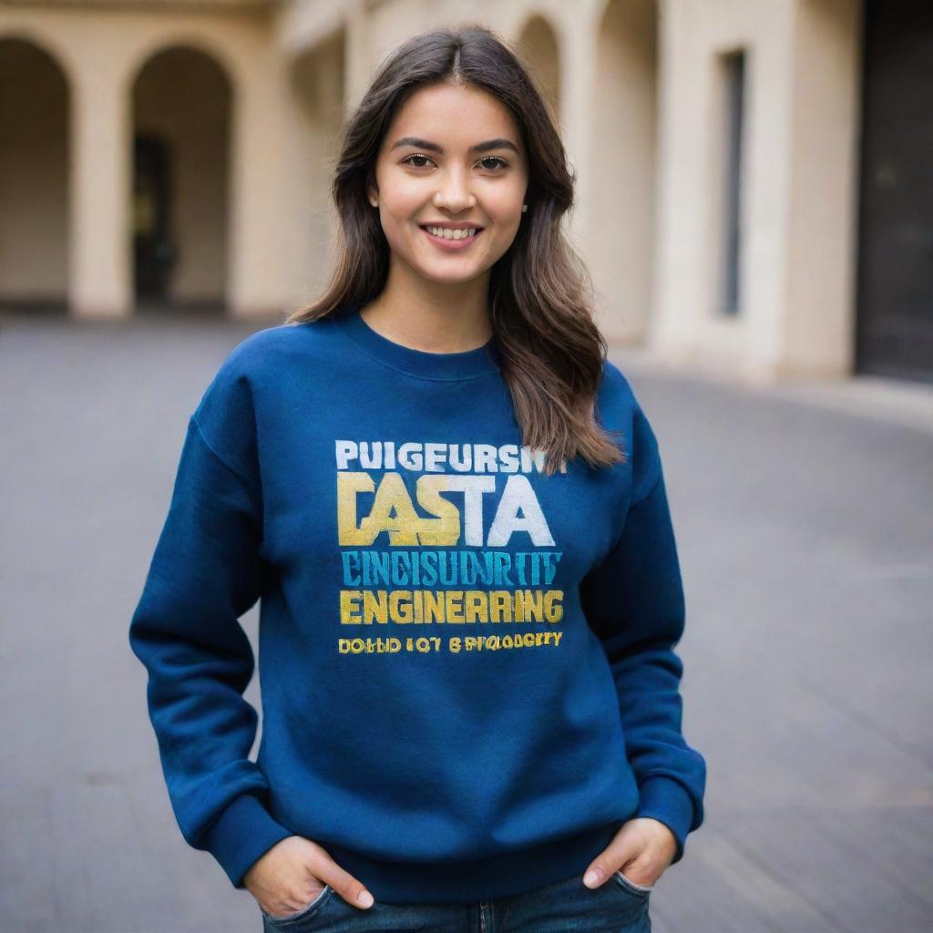 Fashionable sweatshirt highlighting PUC University with the words 'Data Engineering Course' boldly styled on it in a creative manner