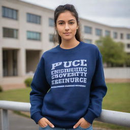 Fashionable sweatshirt highlighting PUC University with the words 'Data Engineering Course' boldly styled on it in a creative manner