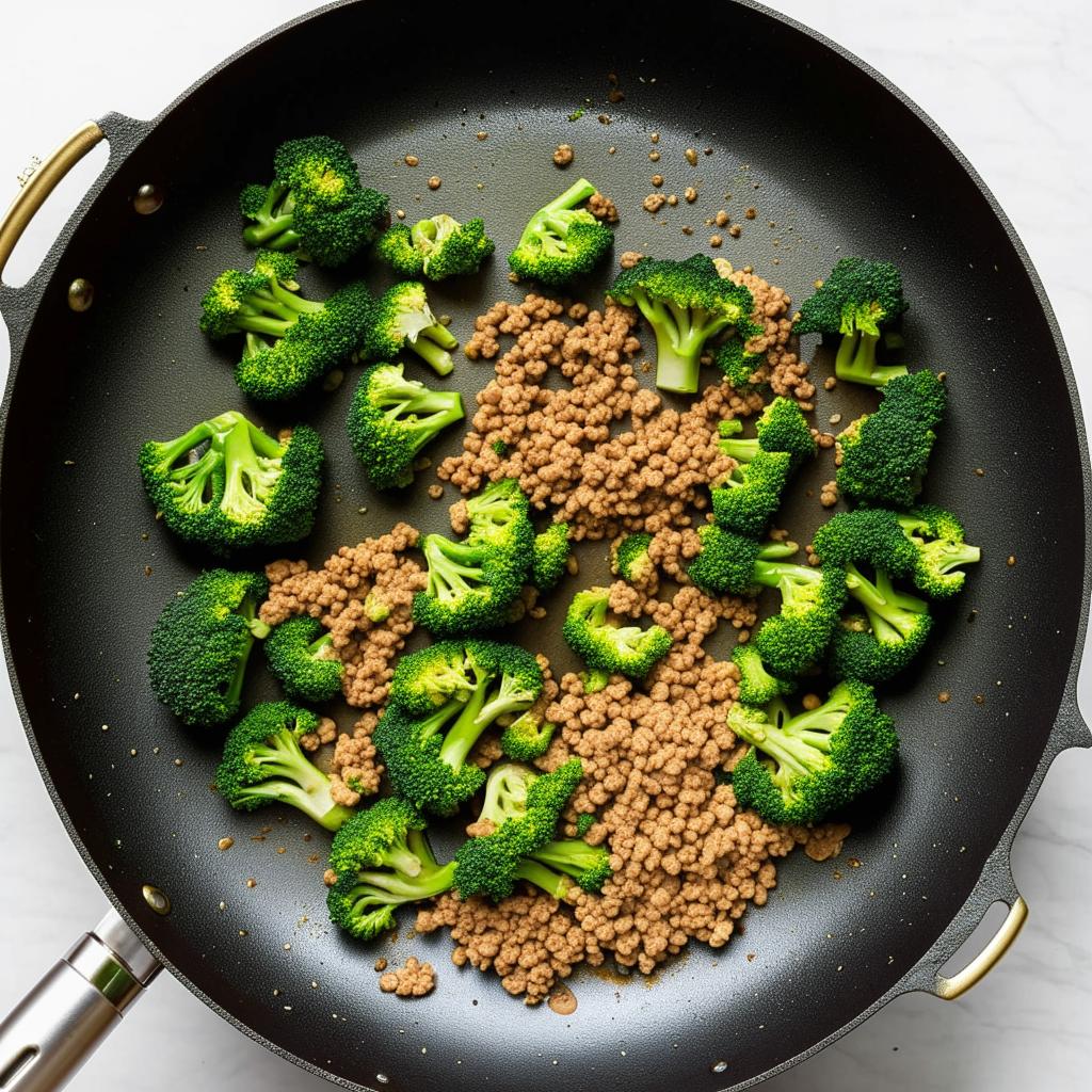 (continue) Step 2: Place the mince and broccoli into a large pan, stir-fry with oil for 3 minutes