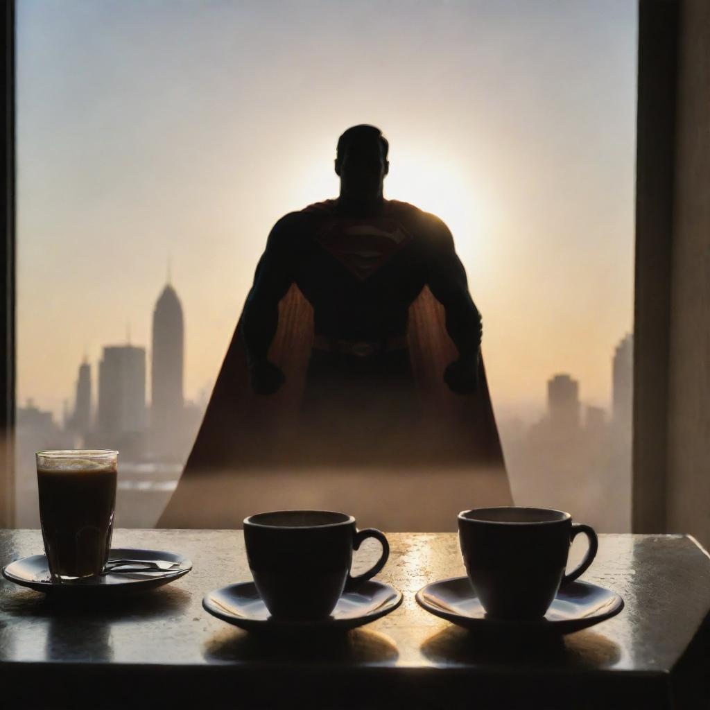 A classic American breakfast setup with a silhouette of Superman hovering above, soaking in the morning sunrise.