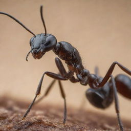 A close-up, intricately detailed image of an ant, highlighting its complex body structure, texture, and environment.