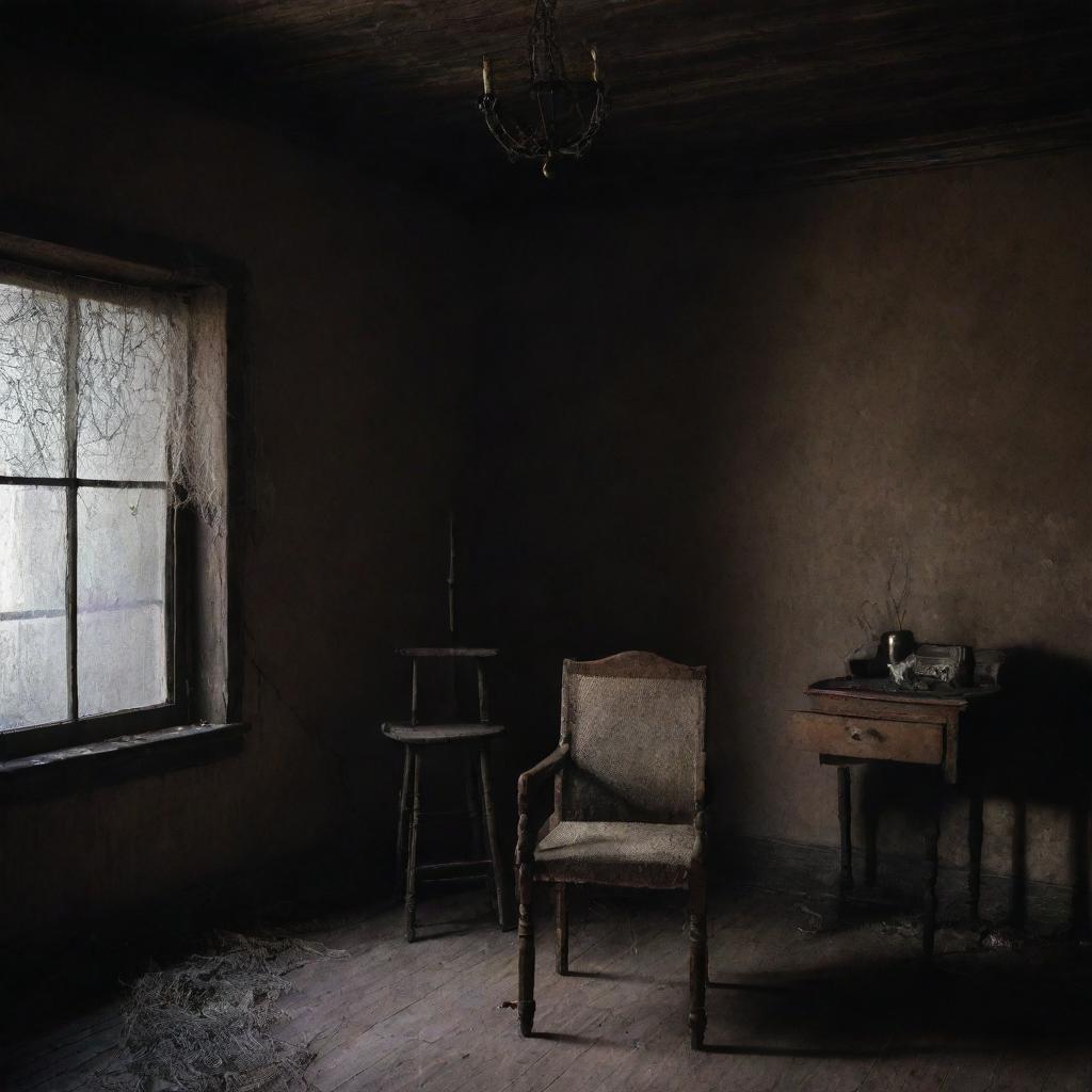 A dimly lit gloomy room filled with haunting decor, cobwebs in the corner, a creaky wooden chair, and flickering shadows playing tricks on the decaying walls.