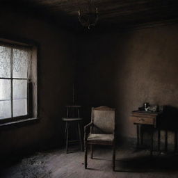 A dimly lit gloomy room filled with haunting decor, cobwebs in the corner, a creaky wooden chair, and flickering shadows playing tricks on the decaying walls.