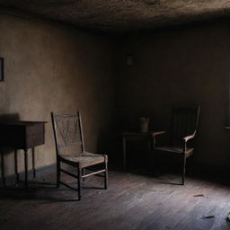 A dimly lit gloomy room filled with haunting decor, cobwebs in the corner, a creaky wooden chair, and flickering shadows playing tricks on the decaying walls.