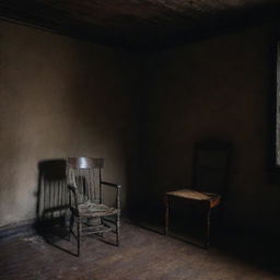 A dimly lit gloomy room filled with haunting decor, cobwebs in the corner, a creaky wooden chair, and flickering shadows playing tricks on the decaying walls.