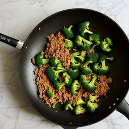 (continue) Step 2: Place the mince and broccoli into a large pan, stir-fry with oil for 3 minutes