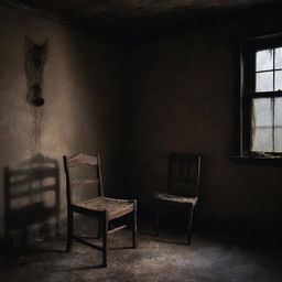 A dimly lit gloomy room filled with haunting decor, cobwebs in the corner, a creaky wooden chair, and flickering shadows playing tricks on the decaying walls.