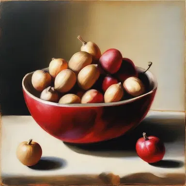 The still life painting depicted a bowl filled with groundnuts, capturing their natural form and rich colors.