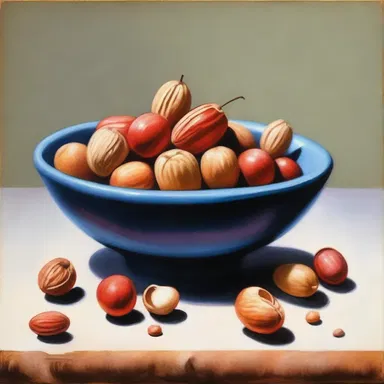 The still life painting depicted a bowl filled with groundnuts, capturing their natural form and rich colors.