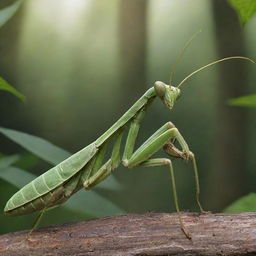 A striking, detailed depiction of a mantis in its natural environment, showing its unique body structure, angular head, and large, grasping forelimbs.