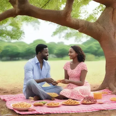 In the romantic comedy movie, the couple shares a romantic picnic under a tree, munching on delicious groundnuts.
