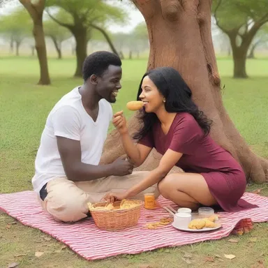 In the romantic comedy movie, the couple shares a romantic picnic under a tree, munching on delicious groundnuts.