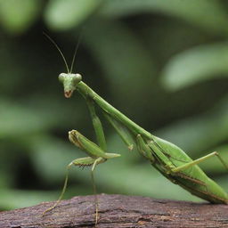 A striking, detailed depiction of a mantis in its natural environment, showing its unique body structure, angular head, and large, grasping forelimbs.