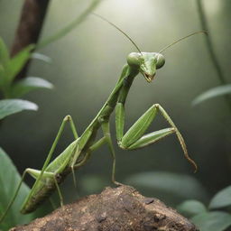 A striking, detailed depiction of a mantis in its natural environment, showing its unique body structure, angular head, and large, grasping forelimbs.