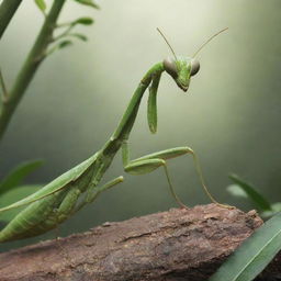 A striking, detailed depiction of a mantis in its natural environment, showing its unique body structure, angular head, and large, grasping forelimbs.