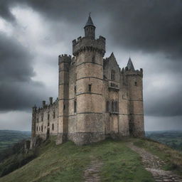 A haunting 17th century castle perched ominously on a hill, with gloomy storm clouds overhead, gothic arches, deserted battlements, and an air of eerie abandonment.