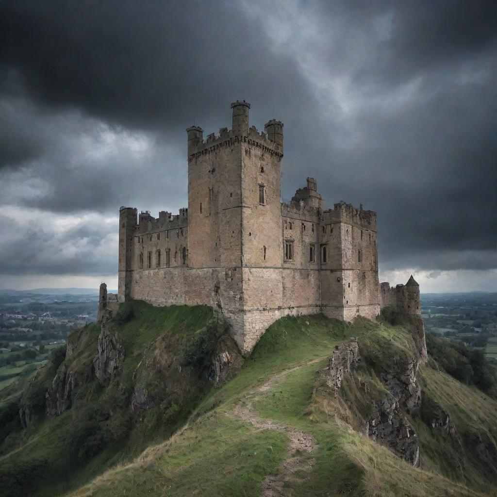 A haunting 17th century castle perched ominously on a hill, with gloomy storm clouds overhead, gothic arches, deserted battlements, and an air of eerie abandonment.