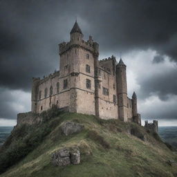 A haunting 17th century castle perched ominously on a hill, with gloomy storm clouds overhead, gothic arches, deserted battlements, and an air of eerie abandonment.