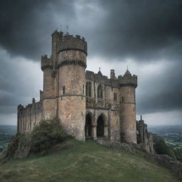 A haunting 17th century castle perched ominously on a hill, with gloomy storm clouds overhead, gothic arches, deserted battlements, and an air of eerie abandonment.