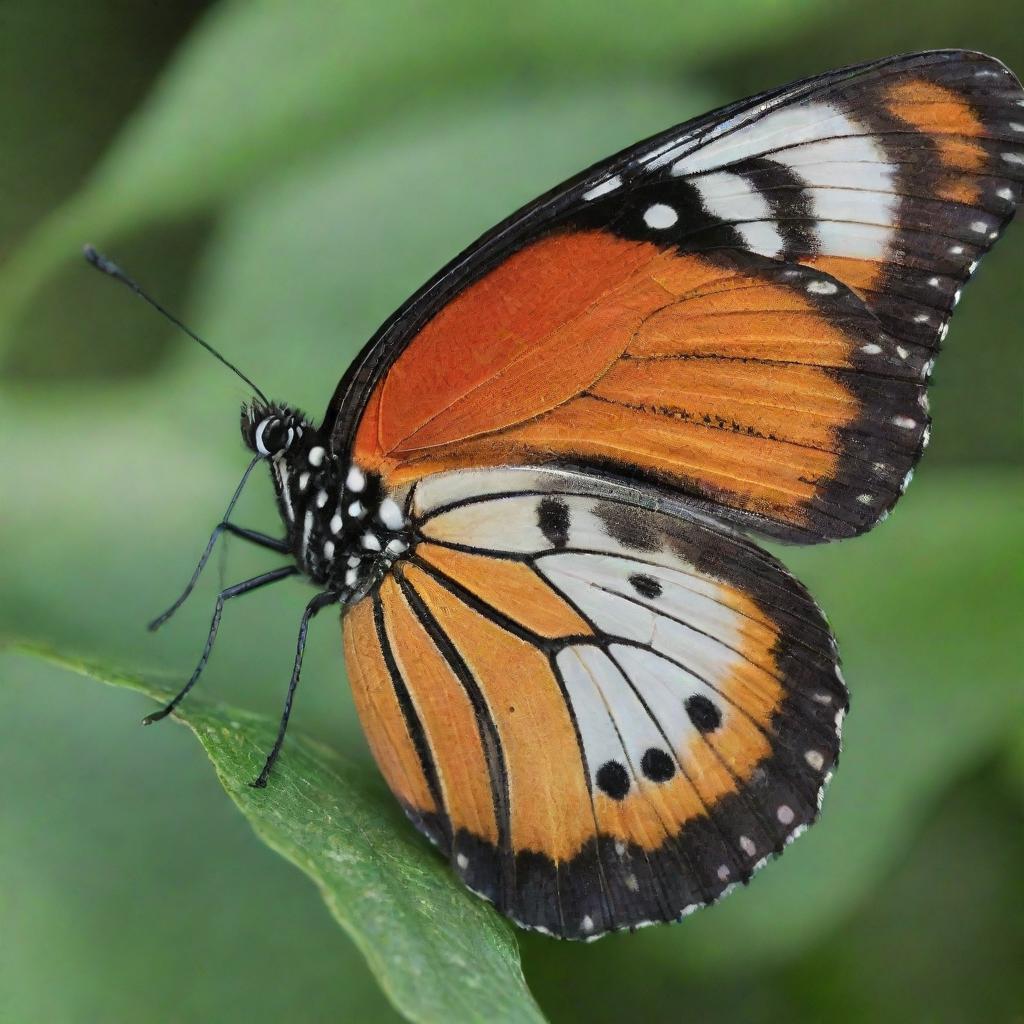 A close-up, vibrant image of a butterfly, showcasing its intricate wing patterns, beautiful colors, and delicate body structure in a botanical setting.