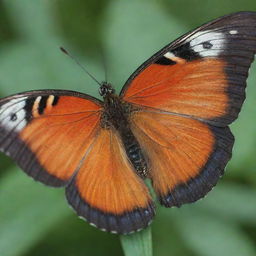 A close-up, vibrant image of a butterfly, showcasing its intricate wing patterns, beautiful colors, and delicate body structure in a botanical setting.