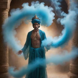 An ethereal, mystical depiction of a Jinn (genie) appearing in a swirl of spectral smoke, with captivating eyes, floating amidst ancient artifacts in an opulent Arabian setting.