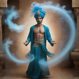 An ethereal, mystical depiction of a Jinn (genie) appearing in a swirl of spectral smoke, with captivating eyes, floating amidst ancient artifacts in an opulent Arabian setting.