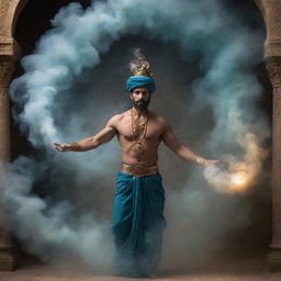 An ethereal, mystical depiction of a Jinn (genie) appearing in a swirl of spectral smoke, with captivating eyes, floating amidst ancient artifacts in an opulent Arabian setting.