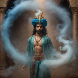 An ethereal, mystical depiction of a Jinn (genie) appearing in a swirl of spectral smoke, with captivating eyes, floating amidst ancient artifacts in an opulent Arabian setting.