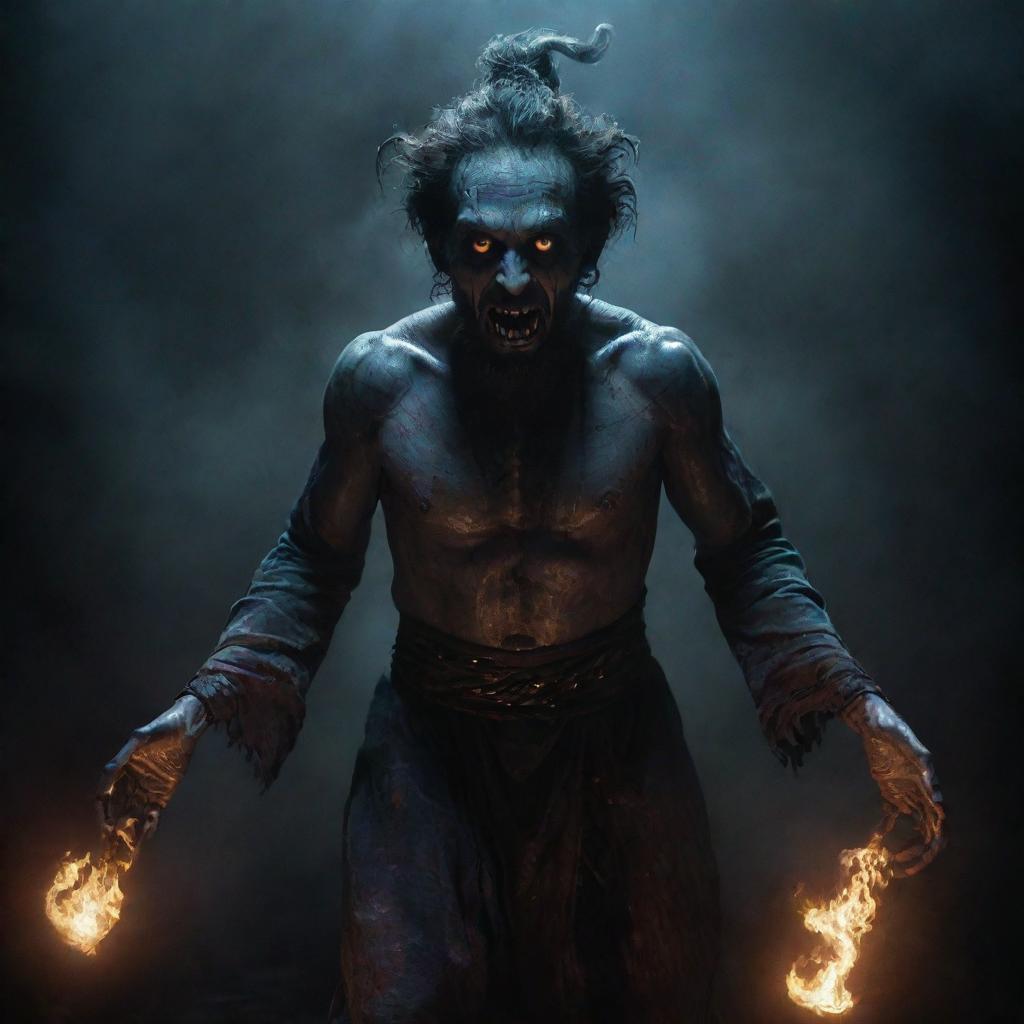 An intense, horrific interpretation of a Jinn (genie) inspired by 'The Conjuring,' emerging from a gloomy abyss with glowing eyes, intense aura and an atmosphere filled with hints of dread and mystery.