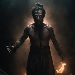 An intense, horrific interpretation of a Jinn (genie) inspired by 'The Conjuring,' emerging from a gloomy abyss with glowing eyes, intense aura and an atmosphere filled with hints of dread and mystery.