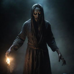 An intense, horrific interpretation of a Jinn (genie) inspired by 'The Conjuring,' emerging from a gloomy abyss with glowing eyes, intense aura and an atmosphere filled with hints of dread and mystery.