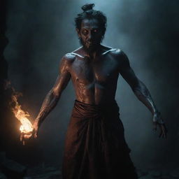 An intense, horrific interpretation of a Jinn (genie) inspired by 'The Conjuring,' emerging from a gloomy abyss with glowing eyes, intense aura and an atmosphere filled with hints of dread and mystery.