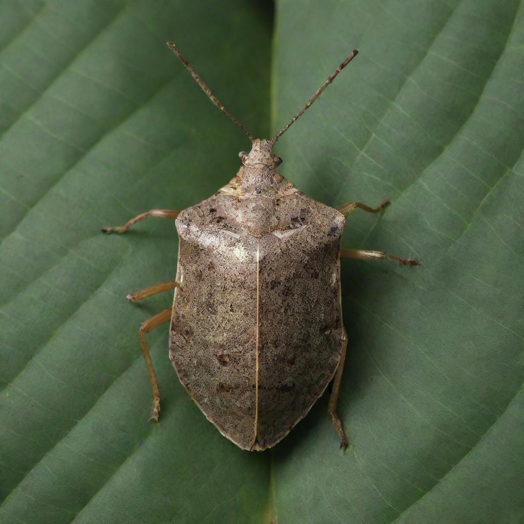 A detailed depiction of a stink bug, emphasizing its unique, shield-shaped body, texture, and natural habitat among plant leaves.