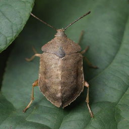 A detailed depiction of a stink bug, emphasizing its unique, shield-shaped body, texture, and natural habitat among plant leaves.