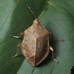 A detailed depiction of a stink bug, emphasizing its unique, shield-shaped body, texture, and natural habitat among plant leaves.