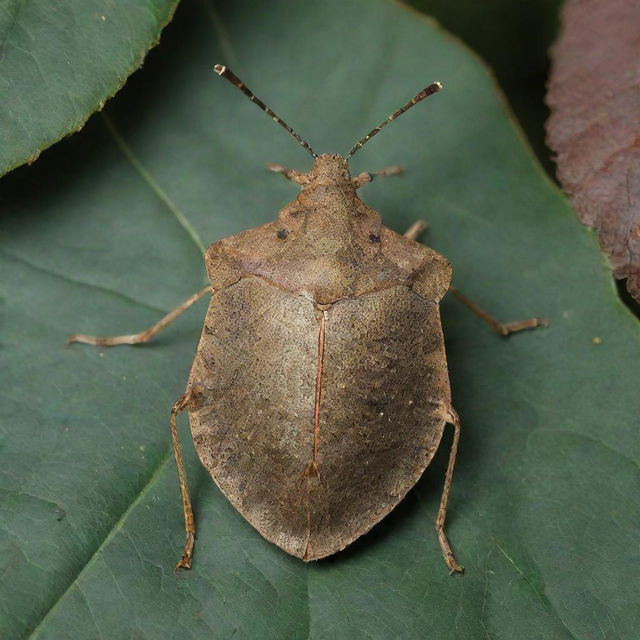 A detailed depiction of a stink bug, emphasizing its unique, shield-shaped body, texture, and natural habitat among plant leaves.