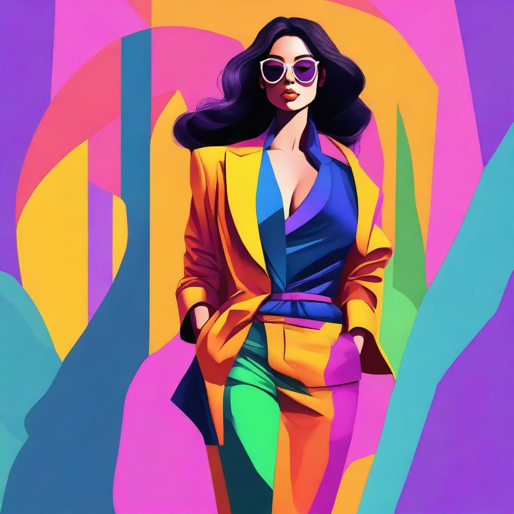 A digital art piece showcasing a confident woman in a stylish outfit