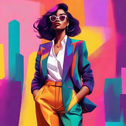 A digital art piece showcasing a confident woman in a stylish outfit