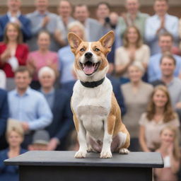 A confident dog standing on a podium, microphones all around, giving a speech to an enthusiastic crowd.