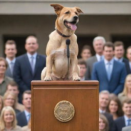 A confident dog standing on a podium, microphones all around, giving a speech to an enthusiastic crowd.