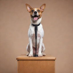 A confident dog standing on a podium, microphones all around, giving a speech to an enthusiastic crowd.