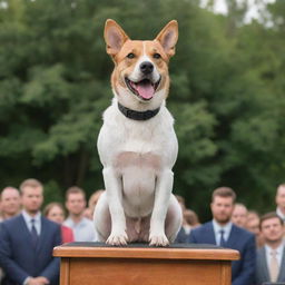 A confident dog standing on a podium, microphones all around, giving a speech to an enthusiastic crowd.